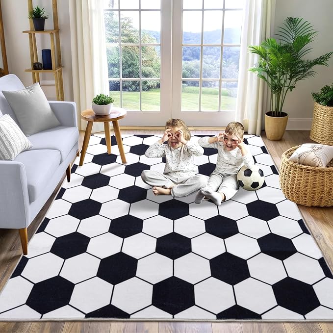 Soft Soccer Rugs for Bedroom, Machine Washable, Cute Bedside Boys Area Rug for Kids Toddlers Teens, Soccer Lovers Home Decor Indoor Carpet for Living Room, Dorms, Nursery, 4x5 FT