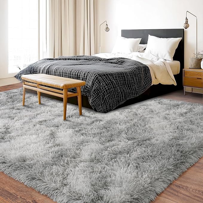 Ultra Soft Fluffy Rugs for Bedroom, Anti-Skid Indoor Carpet Nursery Rugs for Kids Room Home Decor, Rectangular Fuzzy Rug Tie-Dyed Light Grey 6x9 Feet