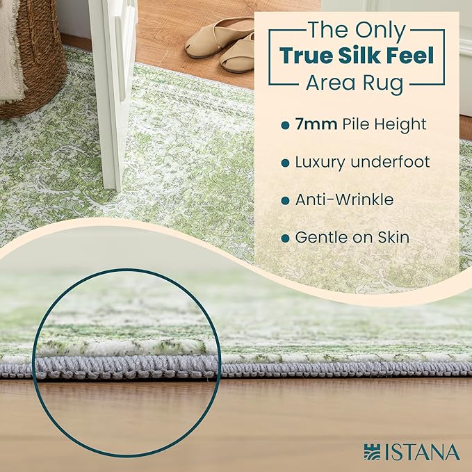 Istana Hallway Runner Rug 2.5x8 - Light Green Kitchen Rugs Non Slip Washable -Silk's Soft Touch Carpet Runner - Stylish Rugs for Home