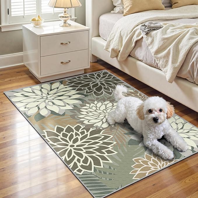 2x3 Washable Small Rug Tropical Botanical Modern Floral Indoor Chenille Door Mat Carpet Non Slip for Patio, Entry Way, Entrance, Porch, Taupe