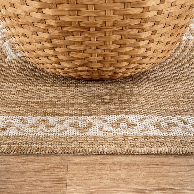 CAMILSON Outdoor Rug 10x14 Medallion Natural Modern Large Area Rugs for Indoor and Outdoor Patios Kitchen and Hallway Mats Washable Porch Deck Outside Carpet (Medallion Natural 10 x 14)
