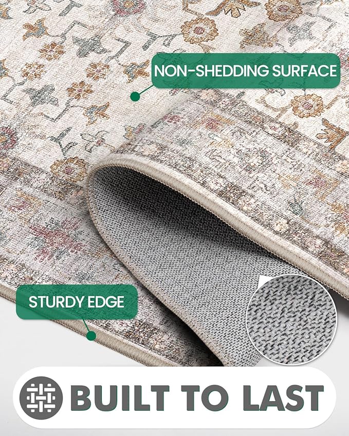 LUMI Washable Kitchen Rug, 23x59 Non-Slip Indoor Hallway Runner, Soft Low Pile Vintage Distressed Area Rugs for Laundry, Bedroom, Beige
