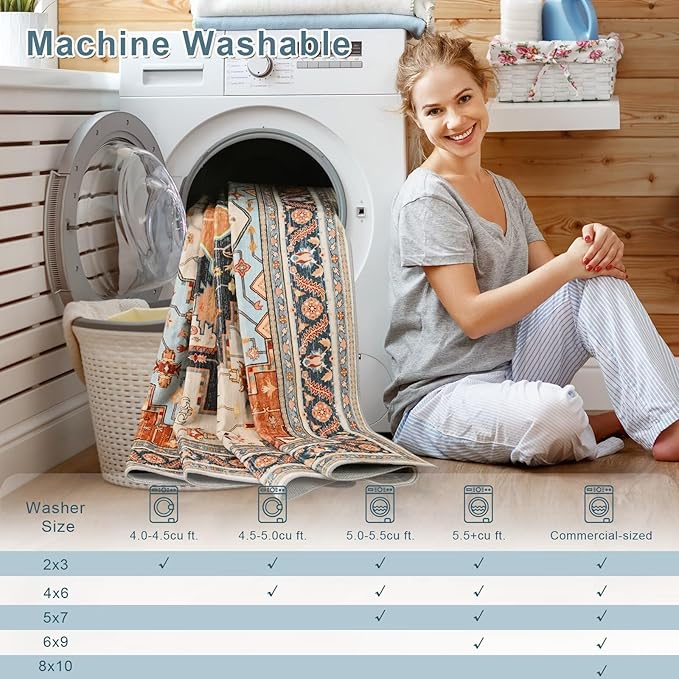 3x5 Orange Beige Area Rug for Living Room, Machine Washable Rugs with Non-Slip Backing for Bedroom, Vintage Medallion Carpet Kitchen Laundry Kids Room Decor