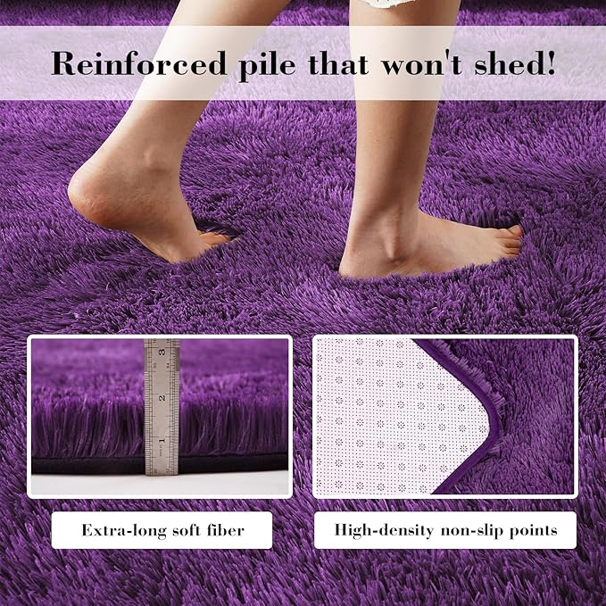 Purple Fluffy Rug Shaggy Area Rug, 9x12 Area Rugs for Girls Bedroom, Big Soft Shaggy Bedside Non-Slip Plush Dorm Nursery Kids Carpet Home Decor Aesthetic