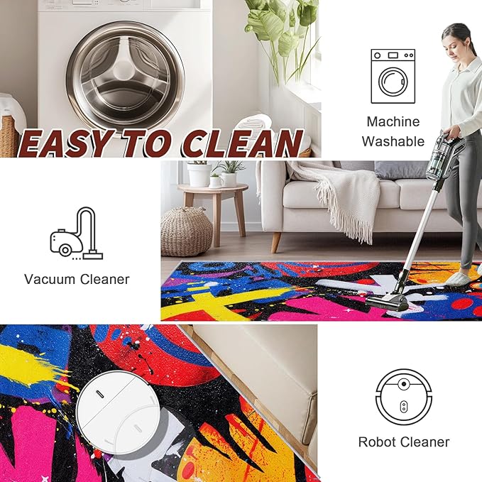 Funky Rugs for Bedroom - Colorful Geometric Abstract Area Rug 5x8, Retro Pop Art High Traffic Anti Slip Carpets Home Decor #C073
