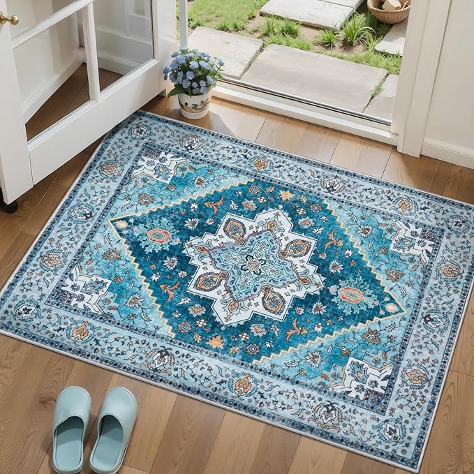 Tangsoo Blue 2x3 Washable Rug for Entryway, Vintage Non Slip Small Area Rug, Indoor Front Door Rug, Print Door Mat Small Carpet, Soft Low Pile Rugs for Entrance Kitchen Bedroom Home Decor
