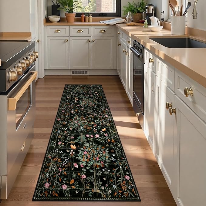Morebes Floral Washable Rug Runners for Hallways Non Slip, Flower Kitchen Runner Rug 2x6, Boho Botanical Ultra-Thin Soft Floor Carpet for Bathroom Entryway Laundry Room, Black