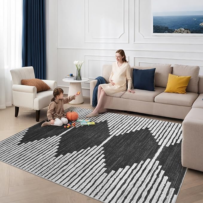 HelloTree Area Rug for Living Room 9x12 Washable Geometric Moroccan Rug Stripe Farmhouse Bohemian Minimalistic Non Slip Non Shedding Ultra Thin Soft Rug for Bedroom Office DiningRoom Nursery-Black