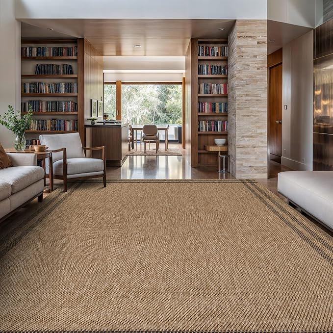 Easy Jute Rugs 9x12 Bordered Natural Color Living Room Indoor Outdoor Area Rug for Patio and Kitchen Rug High Traffic Washable Easy to Clean Solid Boho Woven Design Outside Carpet (9 x 12)