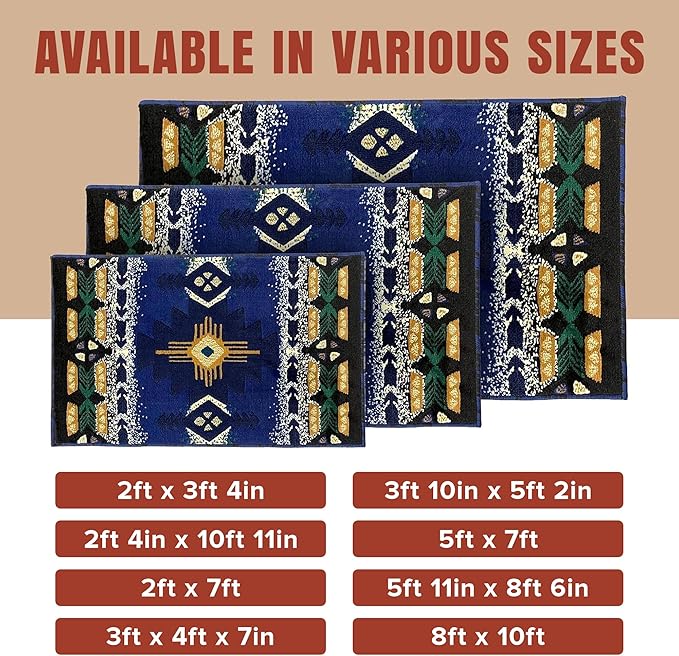YHSF South West Native American Area Rug C318 - Easy Clean, Thick, Soft, Durable Native Tribal American Indian Inspired Rug for Bedroom/Living Room and More - Navy Blue, 5 Feet x 7 Feet