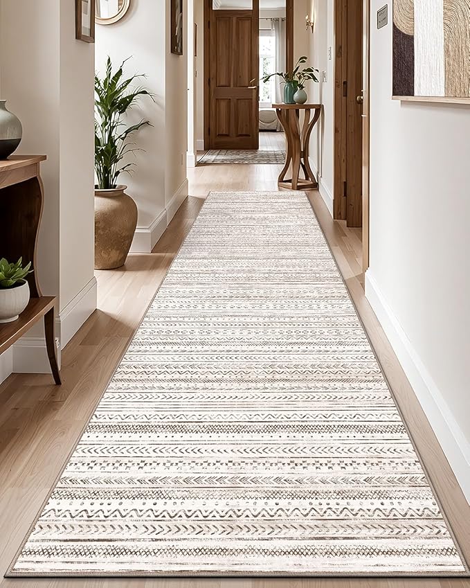 LUMI Washable Runner Rug, 3'x8' Non-Slip Hallway Mat, Low Profile Thin Long Carpeet for Laundry Kitchen Bedroom Office, White and Brown