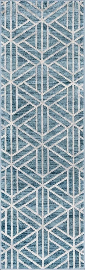 Rugs.com Lattice Trellis Collection Rug – 10 Ft Runner Blue Low-Pile Rug Perfect for Hallways, Entryways