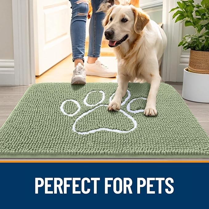 OLANLY Dog Door Mat for Muddy Paws 59x35, Paw Print Design, Absorbs Moisture and Dirt, Non-Slip Washable Doormat, Quick Dry Chenille Mud Mat for Dogs, Entry Indoor Entryway Carpet, Sage Green
