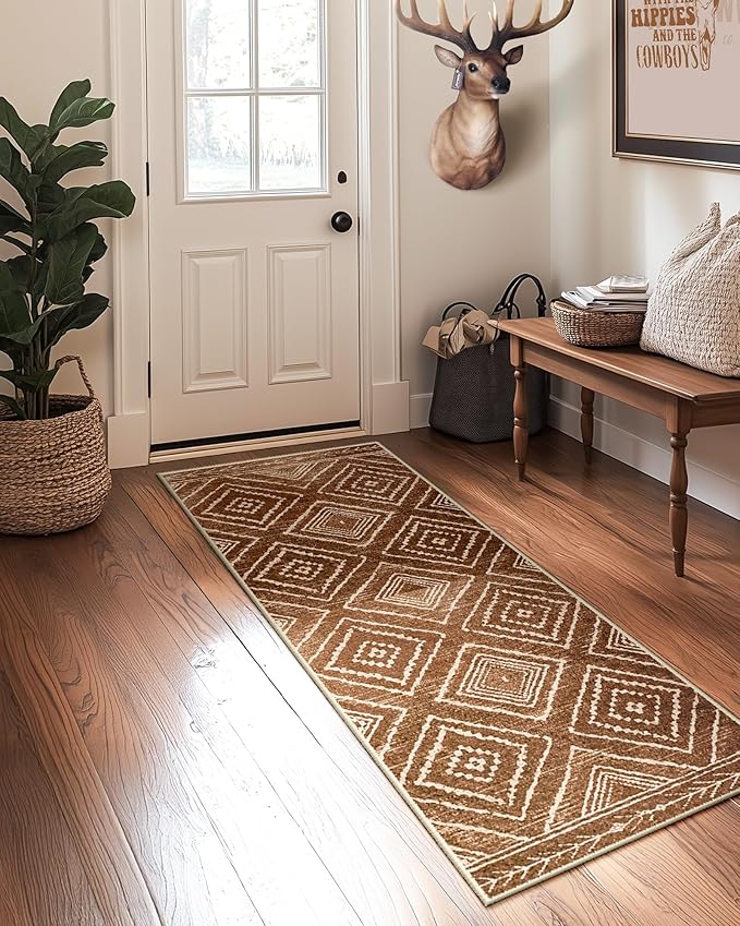 Area Rug 2x8 Rug Machine Washable Non-Slip Low Pile Print Pattern Western Rug for Living Room Bedroom Entryway Tribal Series -Yellowbrown/Cream
