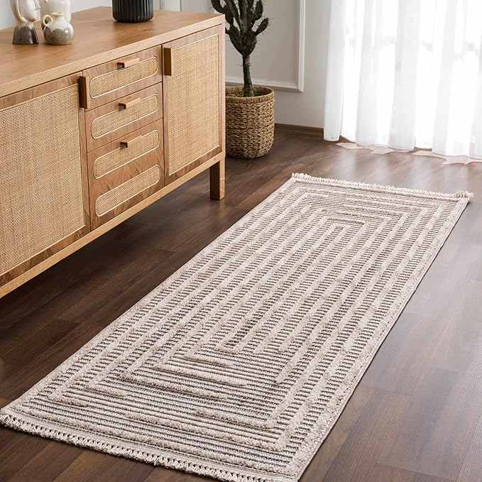 Hauteloom Lunao Living Room, Bedroom Area Rug - Geometric, Solid & Striped - Charcoal, Cream, Beige - 2' x 3'