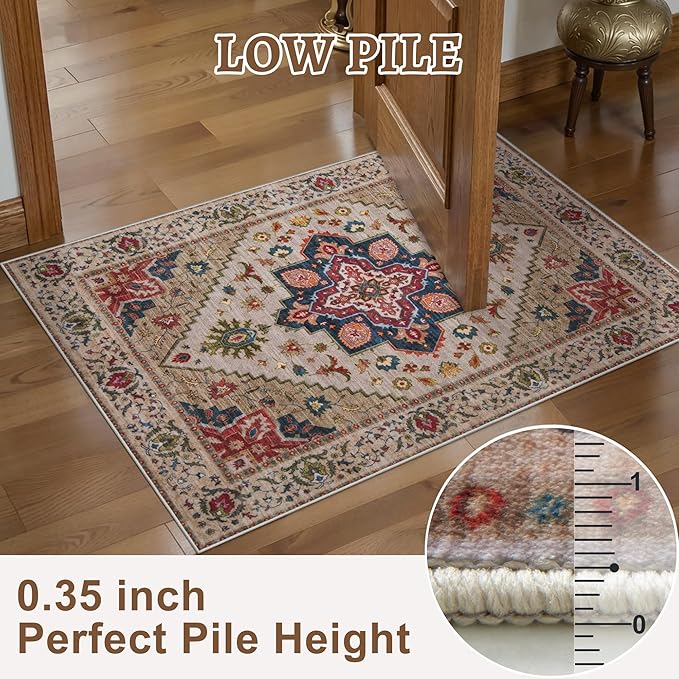 Tangsoo 2x6 Washable Runner Rug for Hallways, Non Slip Vintage Runner Rug, Soft Boho Low Pile Long Rug Runner, Carpet Runners for Kitchen Bedroom Entryway Bathroom Living Room Beige/Red