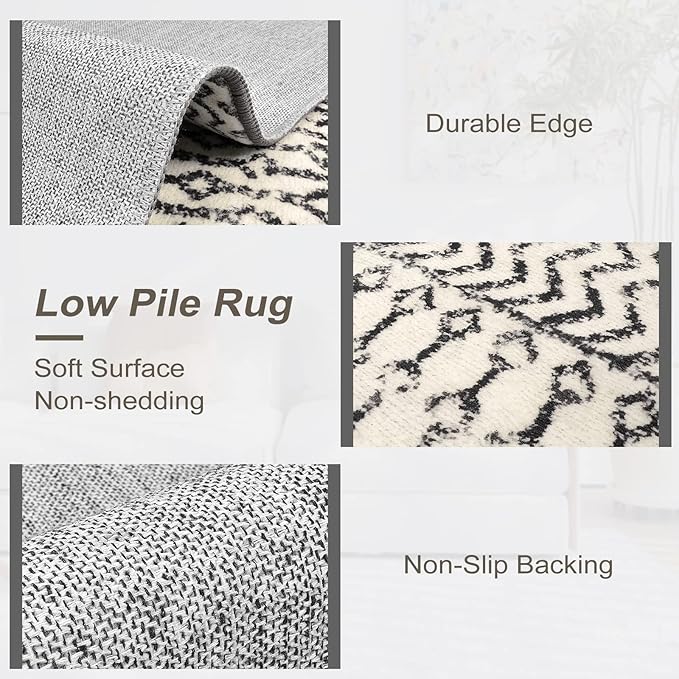 Moroccan Rug Runners for Hallways, 2x5 Ultra Soft Non-Slip Washable Rugs for Bedroom, Low Pile Distressed Black Rug Carpet Runner for Entryway Kitchen Bedroom Laundry Room