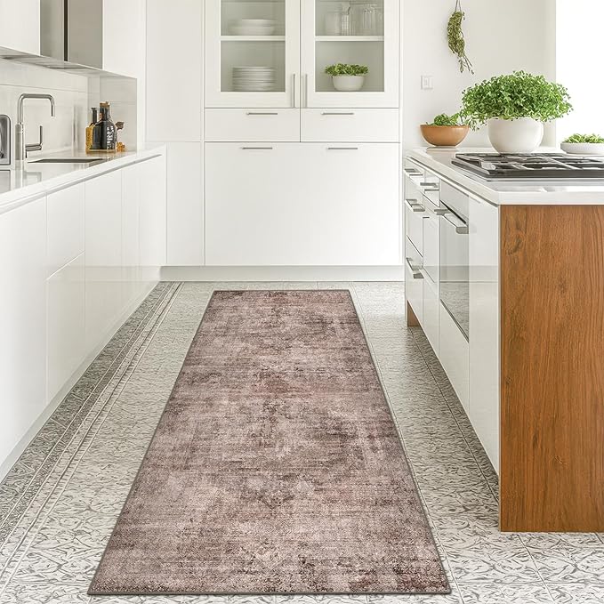 Farmhouse 2x6 Hallway Runner Rug Non Slip, Machine Washable Red Brown Rugs for Kitchen, Bathroom, Entrance Indoor, Low Pile & Soft Stain Resistant Terracotta Carpet