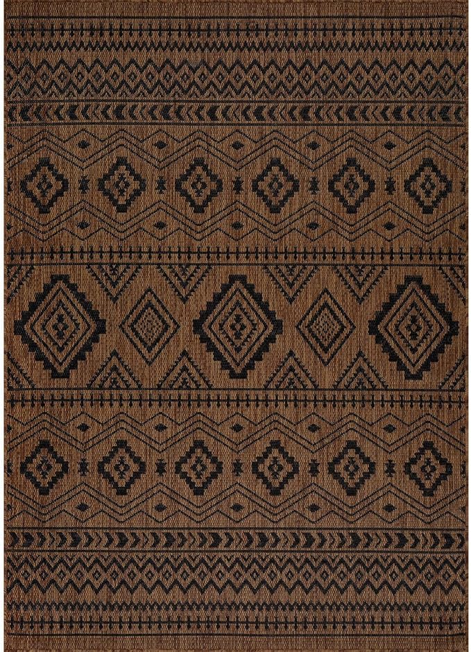 Beverly Rug Waikiki Boho Indoor Outdoor Rug 6x9, Washable Outside Carpet for Patio, Deck, Porch, Bohemian Area Rug, Farmhouse Rugs, Aztec Tribal Rug, Nut Brown and Black