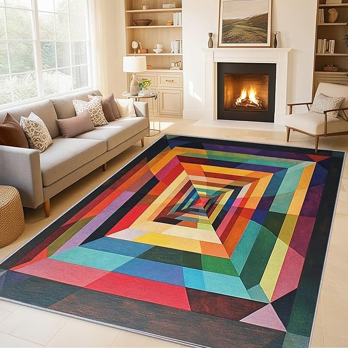 4x5 Colorful Geometry Rugs for Bedroom Decor, Washable Abstract Geometric Pattern Area Rug, Living Room Home Decoration, Non Slip Soft Thin, Abstract Art Decor Carpet PF-P 49