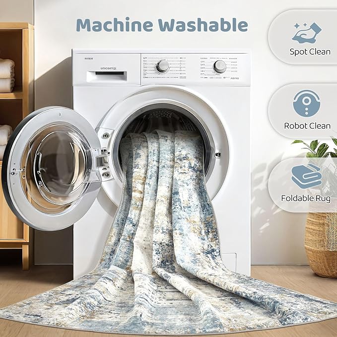 7x9 Area Rugs Washable Rug: Living Room Large Abstract Modern Soft Stain Resistant Indoor Floor Non Slip Accent Carpet for Bedroom Nursery Playroom Office Dining Room Dorm Home House- Blue