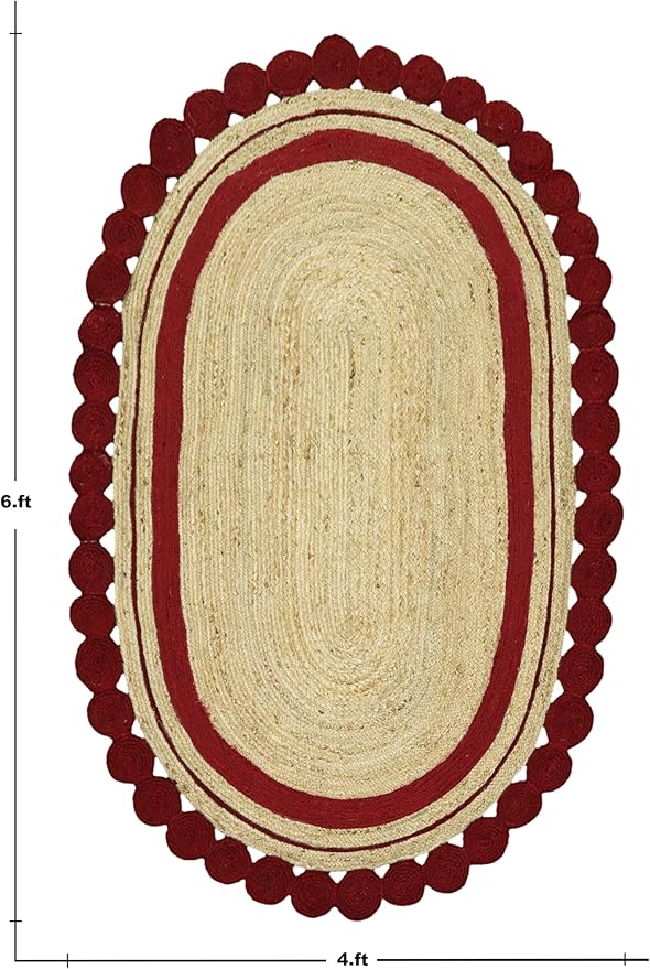 2x10 Oval Jute Runner – Natural Hand Braided Jute, Handmade Boho Rug, 0.27" Thick Flatweave, Solid Red Beige Oval Runner for Kitchen, Hallway, Entryway