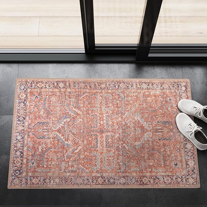 GLN Rugs Traditional Collection - Machine Washable Area Rug, Traditional Washable, Non Slip, Low Pile Chenille Rug, Living Room, Bedroom, Kitchen Rug (2' x 3' Terra/Multicolor 1168)