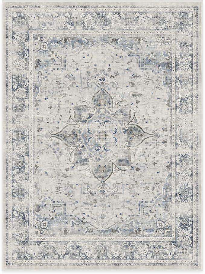 RUGGABLE Washable Vintage Area Rug – Sarrah Blue Quartz 9x12, Stain-Resistant, Non-Slip – Large Machine Washable Rugs for Living Room, Bedroom, Hallway, Entryway & Office–with Standard Pad