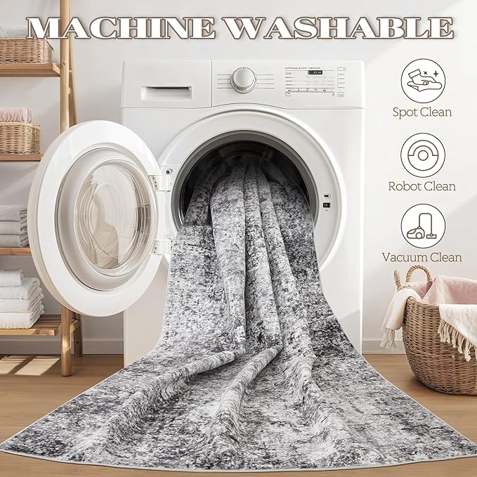 4ft Round Area Rug Living Room Rugs - 4x4 Washable Large Soft Indoor Neutral Modern Abstract Low Pile Rug Carpet for Bedroom Dining Room Farmhouse Home Office - Grey