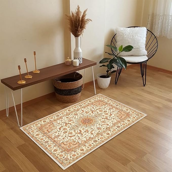 COMSLE Boho Area Rug, 2 x 3 Ft Machine Washable Rugs for Entryway Faux Wool Small Rugs Distressed Throw Rug Non-Slip Floor Carpet for Indoor Bedroom Kitchen Living Room