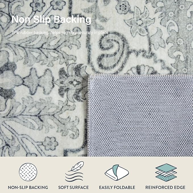 Lahome Bohemian Round Area Rugs, Washable Small Round Rug 3ft Soft Non-Slip Circle Rugs for Entryway, Low Pile Non-Shedding Print Indoor Carpet for Kitchen Laundry Bathroom, Beige