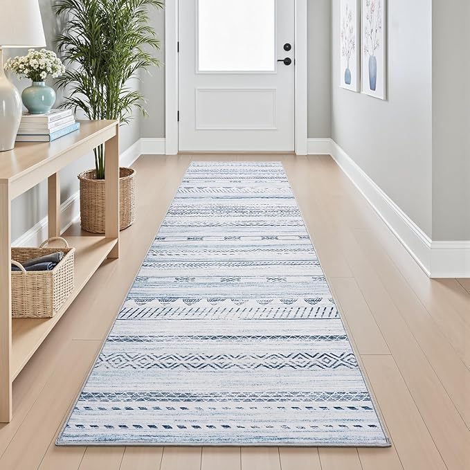 2x10 Runner Rug Machine Washable Non Slip Area Rug Distressed Neutral Moroccan Boho Rug Ultra Soft Floor Runners for Hallways for Entryway Laundry Room Kitchen, Blue