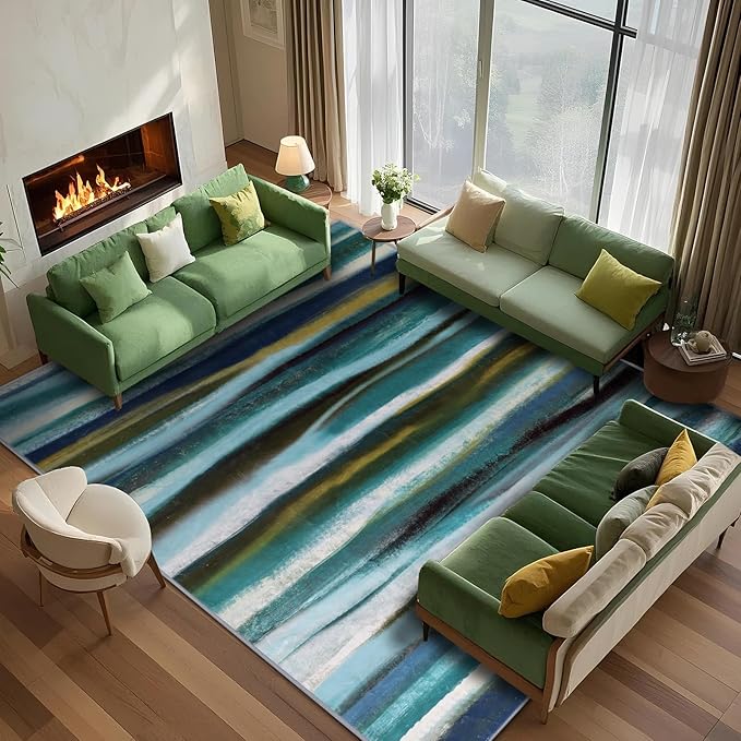 Abstract 6x9 Area Rug, Modern Stripe Pattern Teal Rugs for Living Room, Washable Soft Large Non-Slip Floor Carpet for Dining Room Office Bedroom - Teal/Multi