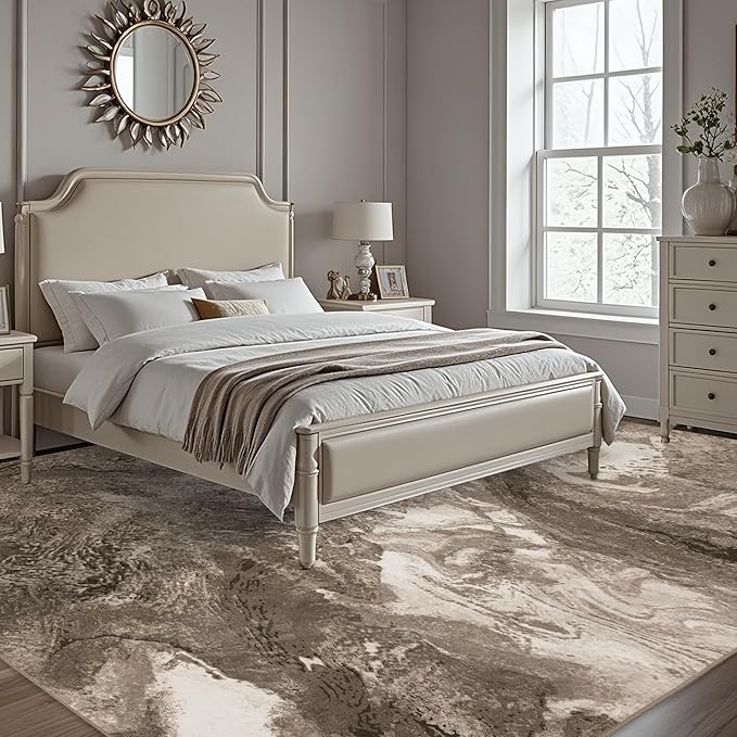 Abstract 8x10 Area Rugs: Modern Washable Rug for Living Room Bedroom Dining Room Indoor - Thin Low Pile Non-Slip Large Carpet - Beige Brown