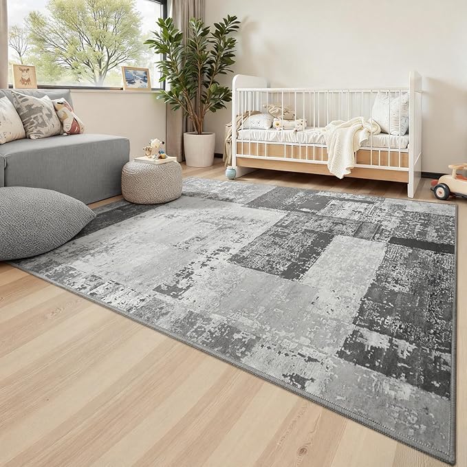 LOCHAS Rug for Living Room, Washable Soft Area Rugs for Bedroom 4x6, Abstract Carpet for Indoor Office Kids Dining Room Nursery Floor, Grey Geometric Vintage Home Decor, Non Slip, Pet Child Friendly