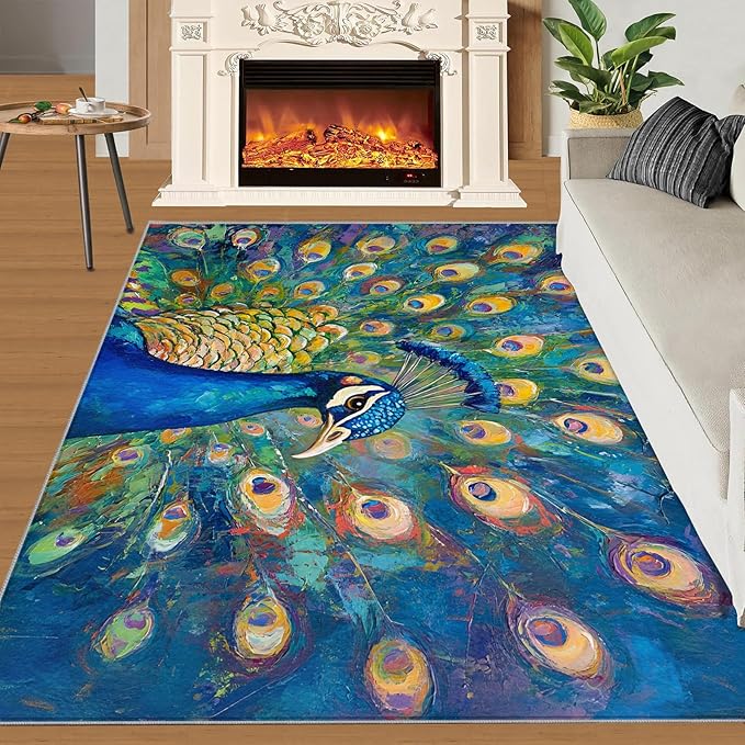 Peacock Rug Large - 5x7 Rug, Turquoise Teal Peafowl Washable Rugs for Living Room, Peafowl Decor Carpet, Modern Style Non-Slip Area Rugs for Bedroom, Aesthetics Carpet - Peafowl Home Decor & Gifts