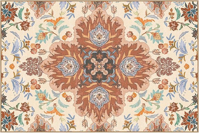 Phantoscope Washable Area Rug 4'x6' Non-Slip, Vintage Boho Rugs for Living Room, Bedroom, Dining Room, Fall Orange Floral Medallion Pattern, Low-Pile Foldable Floor Carpet, Rust/Multi Floral