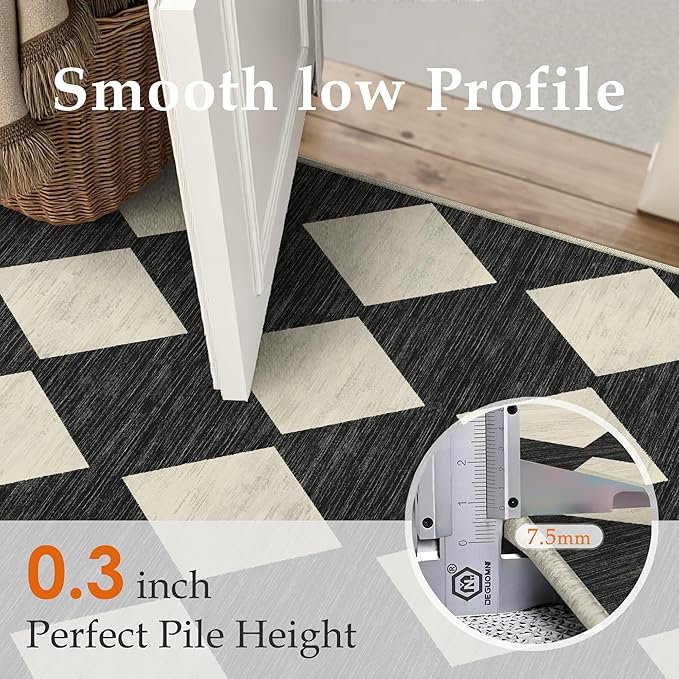 3x8 Runner Checkered Rug for Hallways Black Washable Long Carpet Non-Slip Low Pile Boho Indoor Accent Throw Rug for Entrance Kitchen Bedroom Dining Laundry