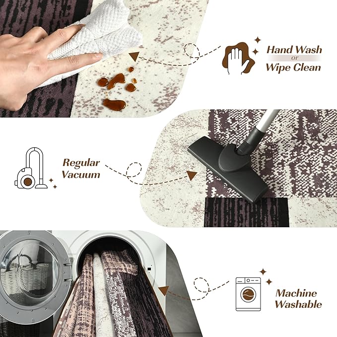 Indoor Runner Rug, Washable Runner Rug with Rubber Backing, Modern Geometric Patchwork Aesthetic Carpet for Bedroom, Living Room, Hallway, Entryway, Washable Rugs Rockwood Collection,2.7x8Ft Chocolate