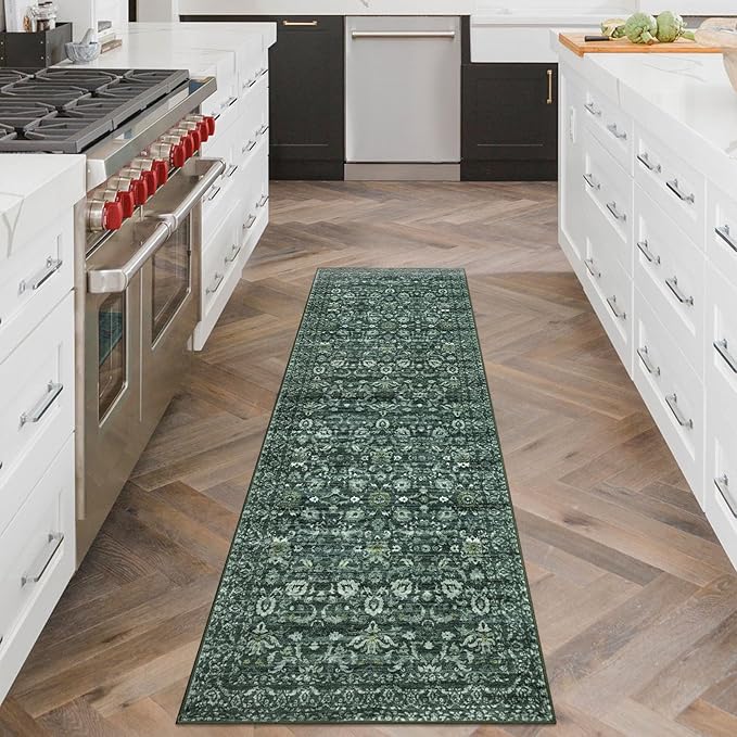 Vintage Floral 2x6 Runner Rug, Dark Green Washable Kitchen Runner Rug Non-Slip Hallway Rug Runner Boho Thin Printed Faux Wool Super Soft Carpet for Entryway Bedroom Laundry Room Indoor