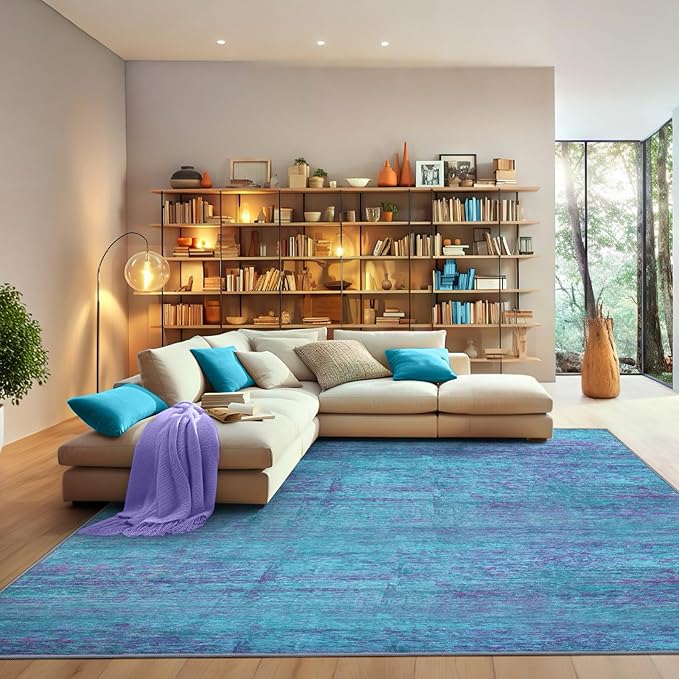 Abstract 5x7 Area Rug, Modern Teal Purple Throw Rugs for Living Room, Washable Soft Large Non-Slip Accent Carpet Floor Mat for Dining Room Office Bedroom - Teal+Purple