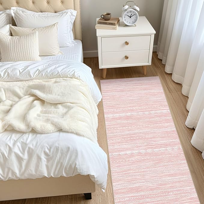 Nakagishi Runner Rug Kitchen Washable Rugs: 3x8 Non-Slip Boho Soft Modern Stain Resistant Indoor Floor Neutral Farmhouse Throw Carpet for Hallway Bathroom Laundry Room Entryway Bedroom- Pink