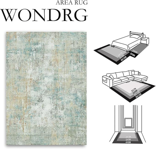 12x15 Area Rug Teal Beige Abstract Living Room Bedroom Washable Carpet Neutral Modern Non-Slip Soft Low Pile Lightweight Vacuumable Large Throw Rug for Dining Room