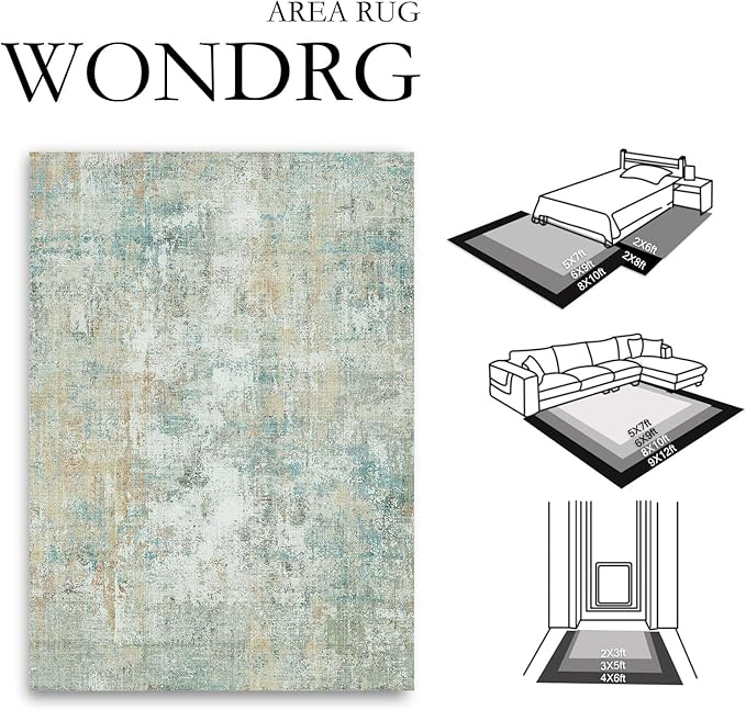 8x10 Washable Area Rug Teal Beige Abstract Living Room Bedroom Carpet Neutral Modern Non-Slip Soft Low Pile Lightweight Vacuumable Large Throw Rug for Dining Room