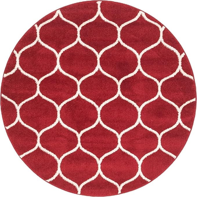 Rugs.com Lattice Frieze Collection Rug – 4' Round Red Medium Rug Perfect for Kitchens, Dining Rooms