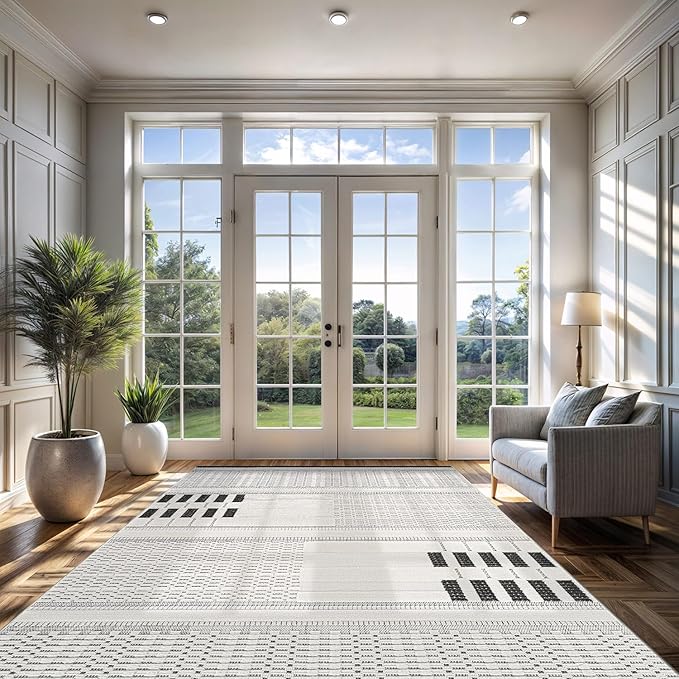 CAMILSON Modern Rug 10x14 Luxury Geometric Pattern Large Micro Loop Area Rugs Soft High and Low Pile Stain Resistant Easy to Clean Non-Shedding Durable Living Room Bedroom Indoor Carpet (White/Black)