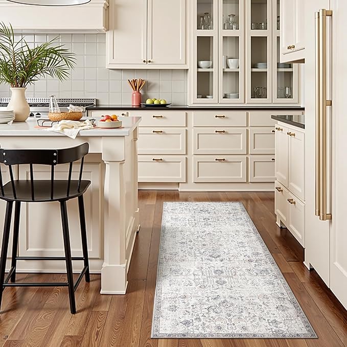 jinchan Kalen Runner Rug 2x5 Washable Hallway Rug Vintage Indoor Thin Retro Floor Cover Distressed Gray Floral Country Lightweight Non Slip Carpet for Entryway Bathroom Bedroom Living Room Grey