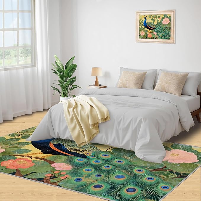 Peacock Peony Rugs for Bedroom - 6x9 Rug, Peacock Decor Area Rugs for Living Room, Peony Flower Carpet, Floral Animal Washable Area Mat, Aesthetics Carpet - Peafowl Home Decor & Gifts