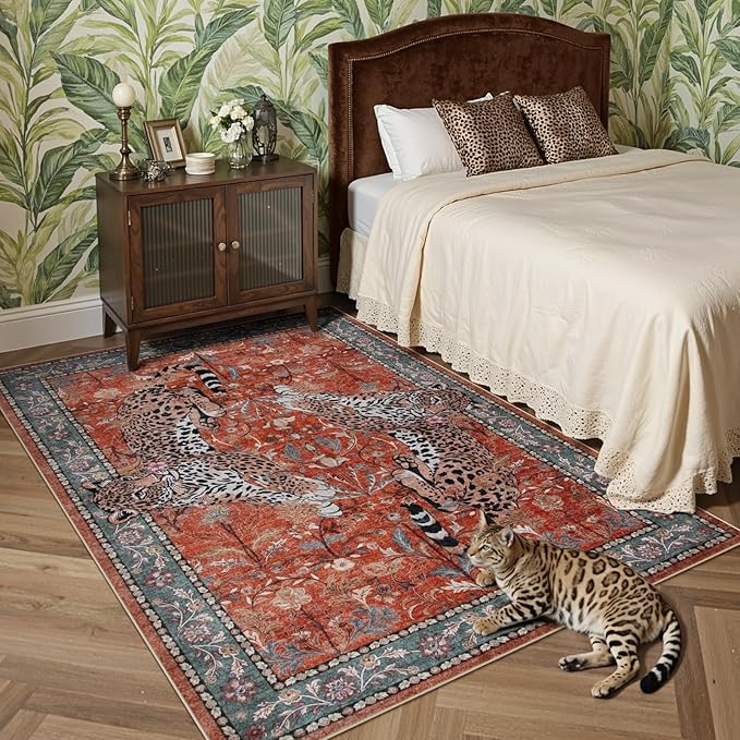 Moynesa Leopard 5x7 Area Rug, Boho Washable Living Room Rug, Non Slip Rugs for Bedroom, Ultra Thin Vintage Soft Stain Resistant Throw Floor Carpet for Office Dining Room, Rust