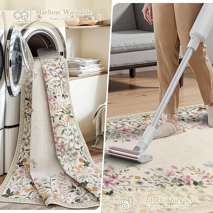 Wonnitar Washable 5x7 Rug for Living Room, Floral Print Large Bedroom Area Rug, Non-Slip Dining Table Throw Mat, Botanical Area Rug Carpet for Entry Basement Dorm (Beige,5'x7')